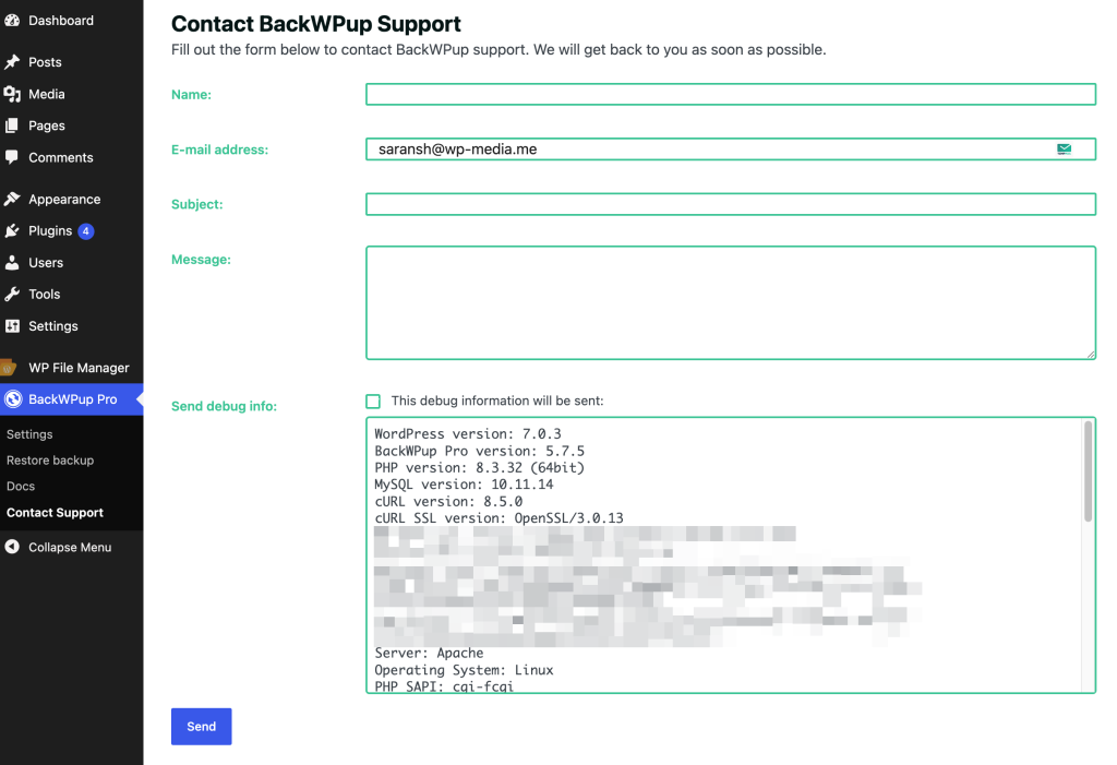 Contact BackWPup Support via Plugin Dashboard