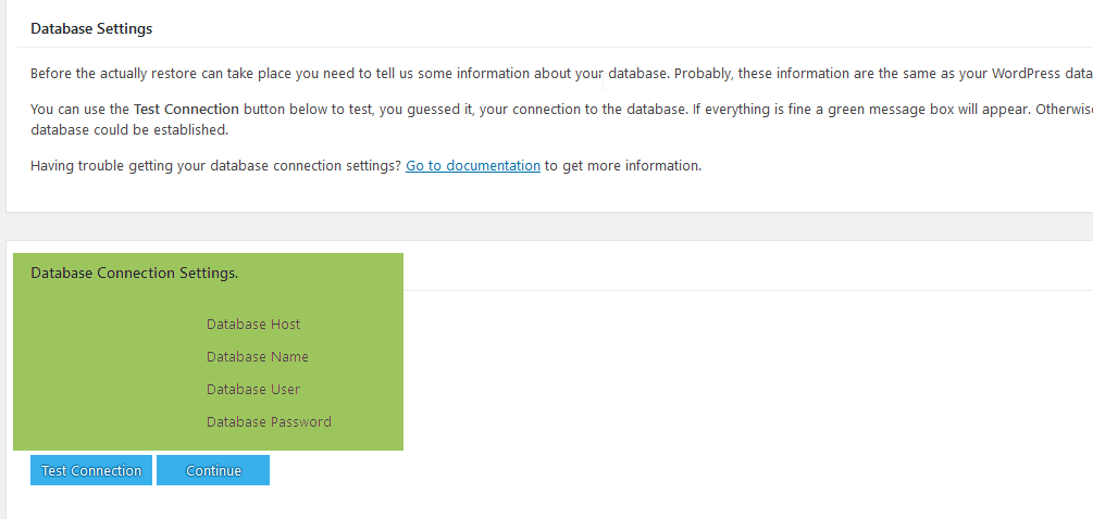 database connection settings for BackWPup restore