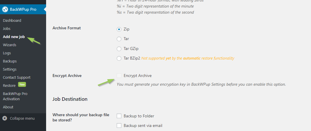 activate encryption for backups