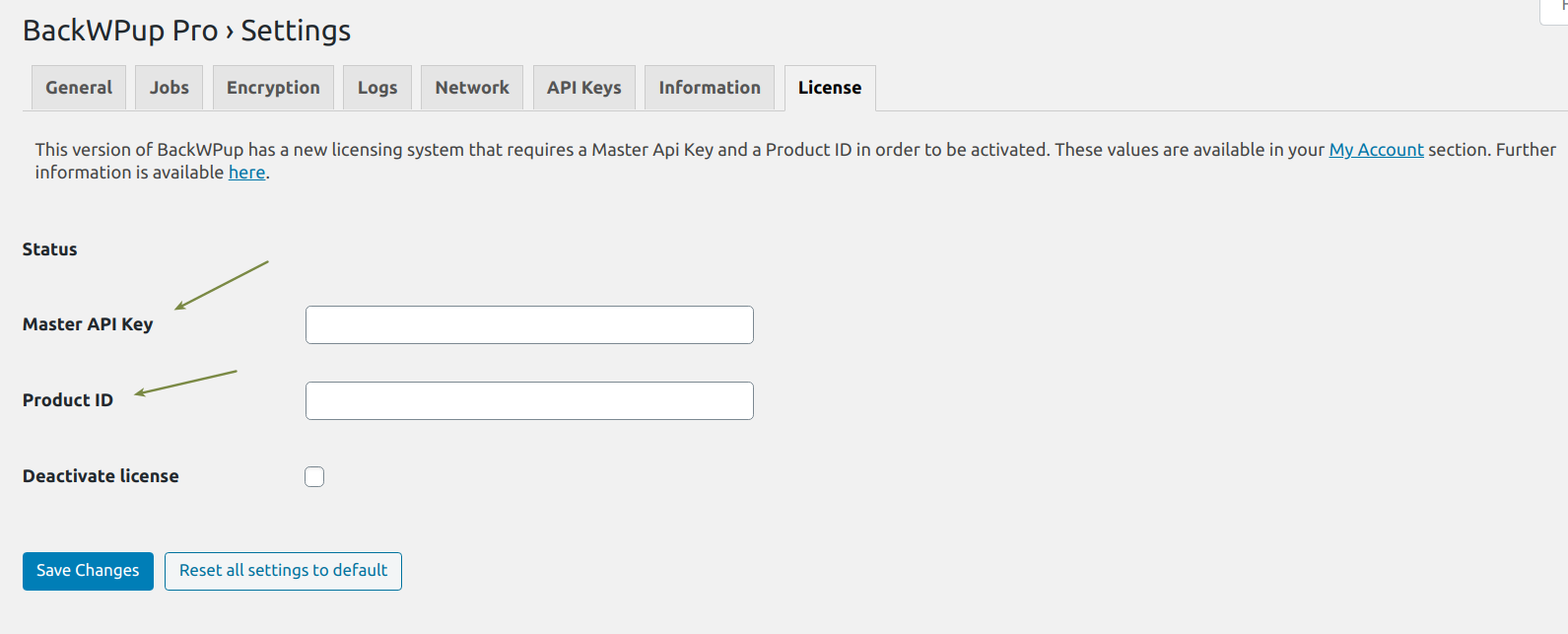 Enter your Master API Key and Product Id to activate your licence