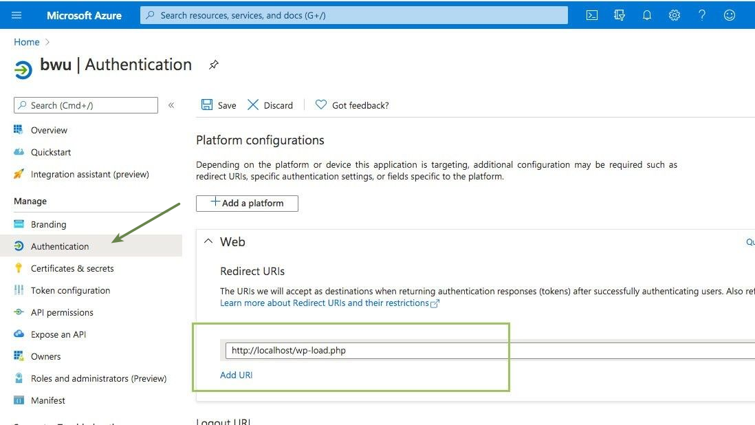 Set the Redirect URI in the Microsoft Azure page