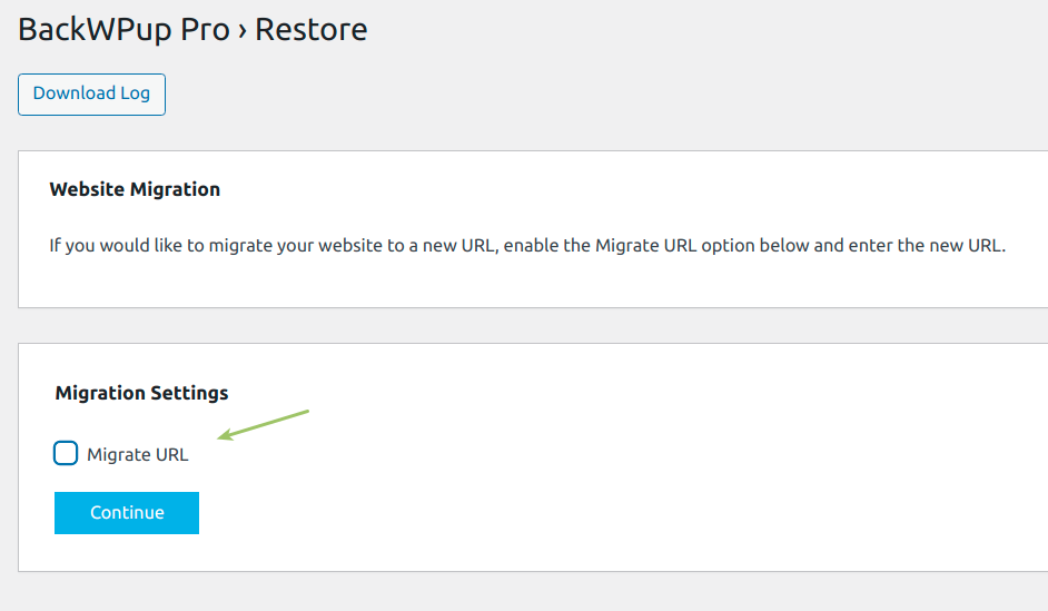 Migration option in BackWPup back end settings