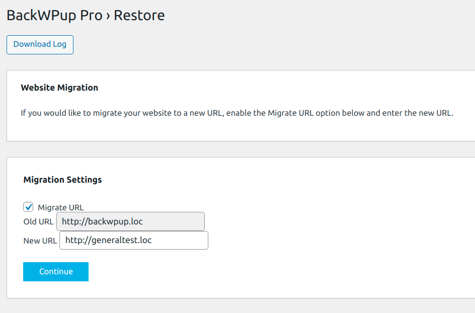 Old URL and New URL in BackWPup back end settings