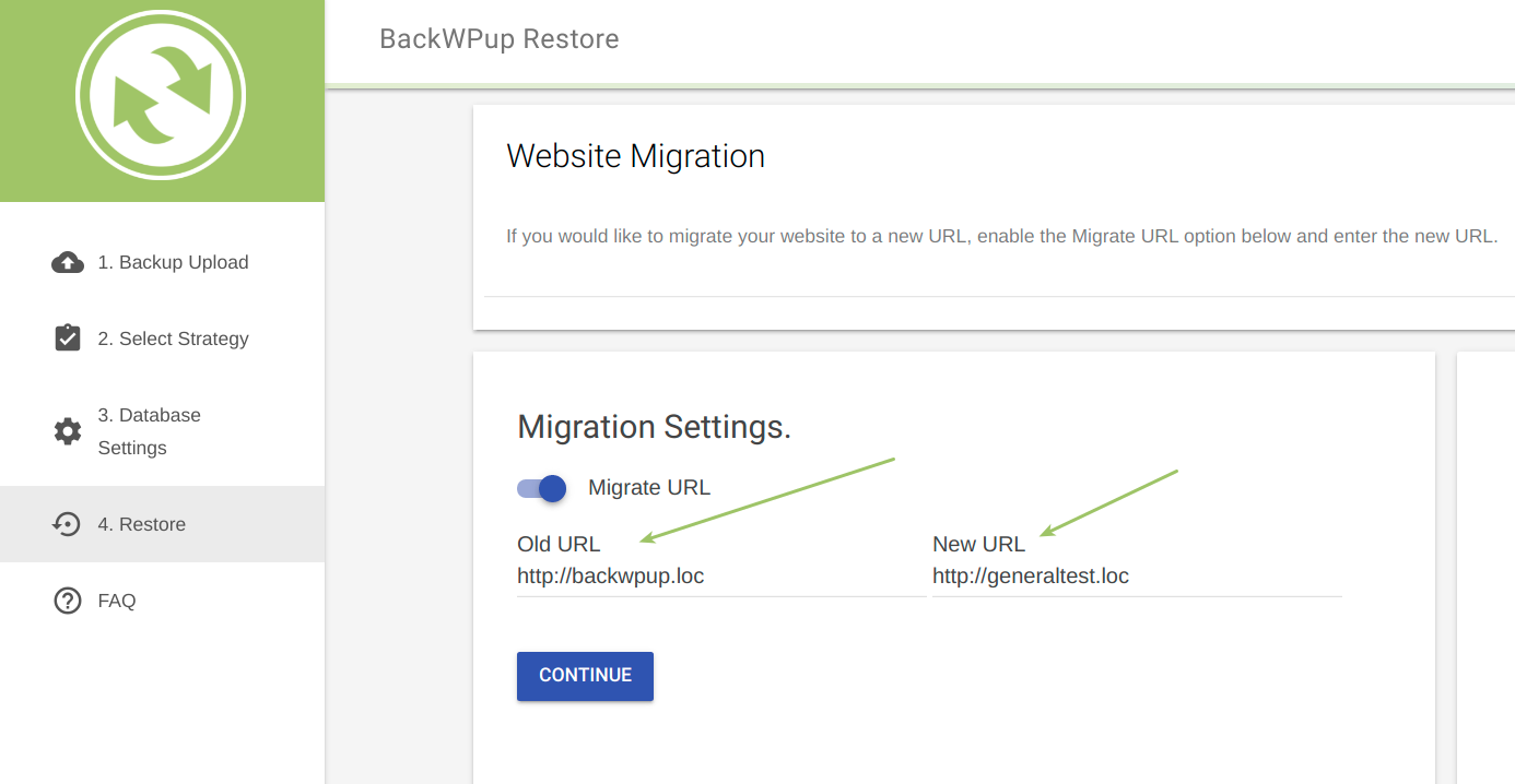 Migrate URL option selected, source (Old) and remote (New) URL are shown