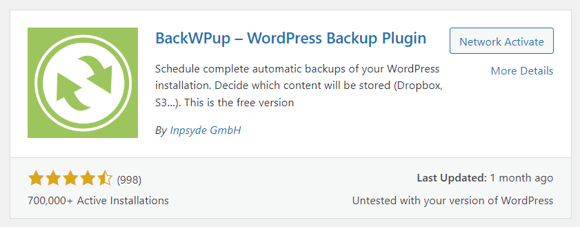 This screenshot shows how to install and activate the BackWPup Backup Plugin on WordPress Dashboard