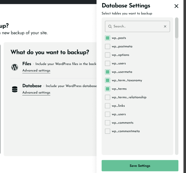 New interface - Database Settings to select specific tables 