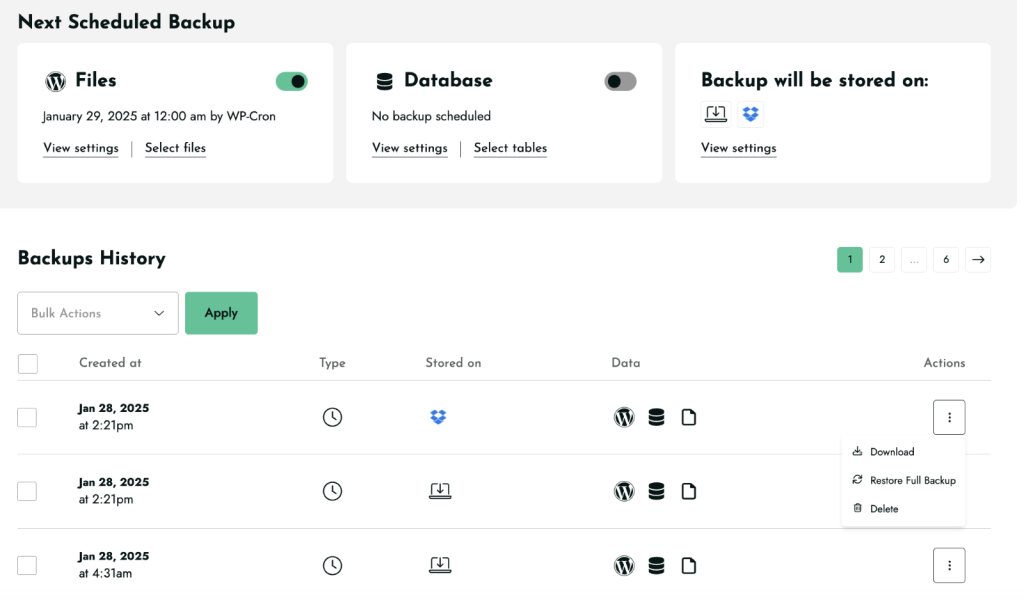 New interface - Next schedule backup and backup history 